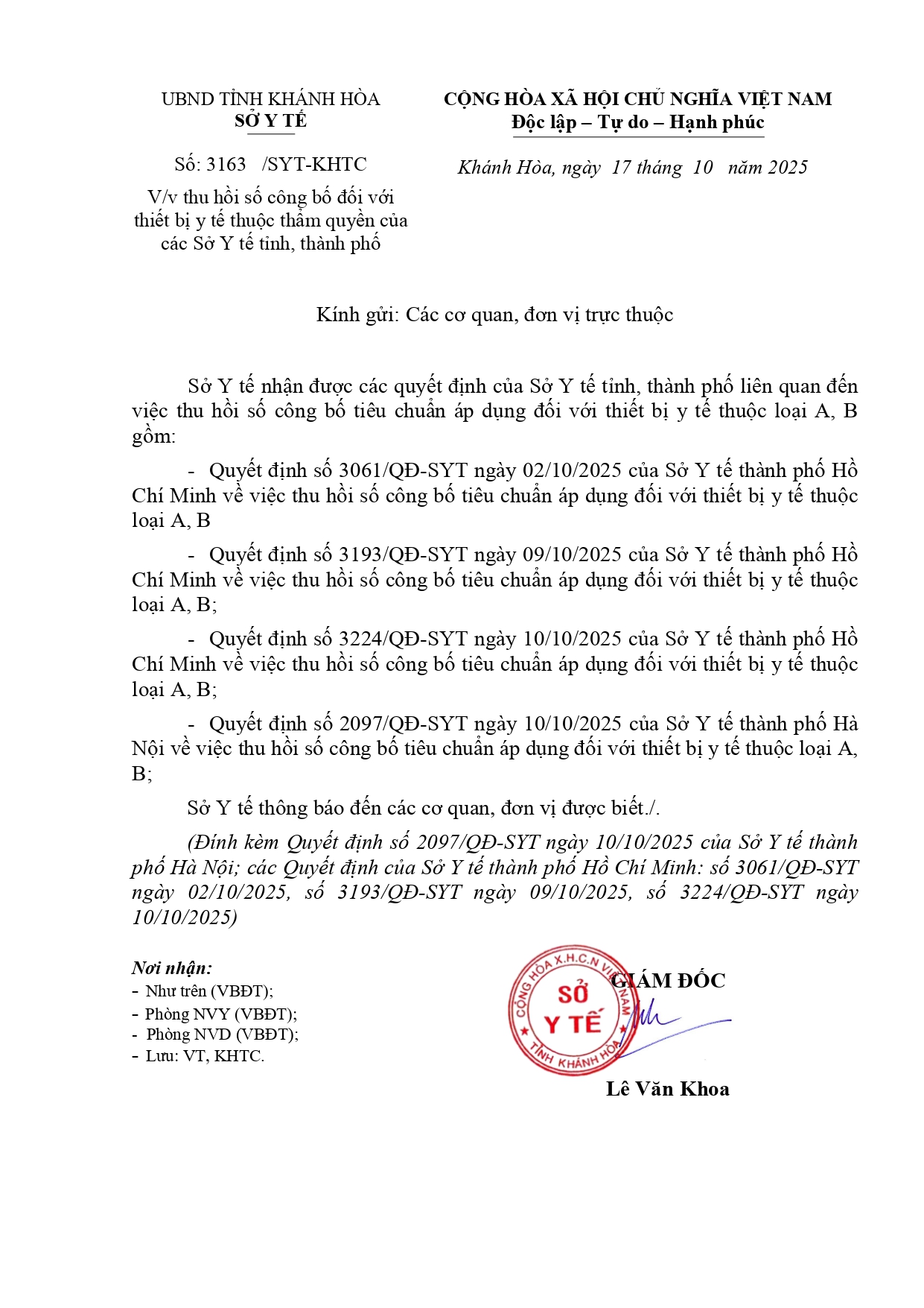V/v thu hồi số công bố đối với thiết bị y tế thuộc thẩm quyền của các Sở Y tế tỉnh, thành phố